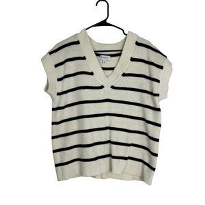 Evereve Womens Sweater L Vest Striped Short Sleeve Cotton Blend Black/White